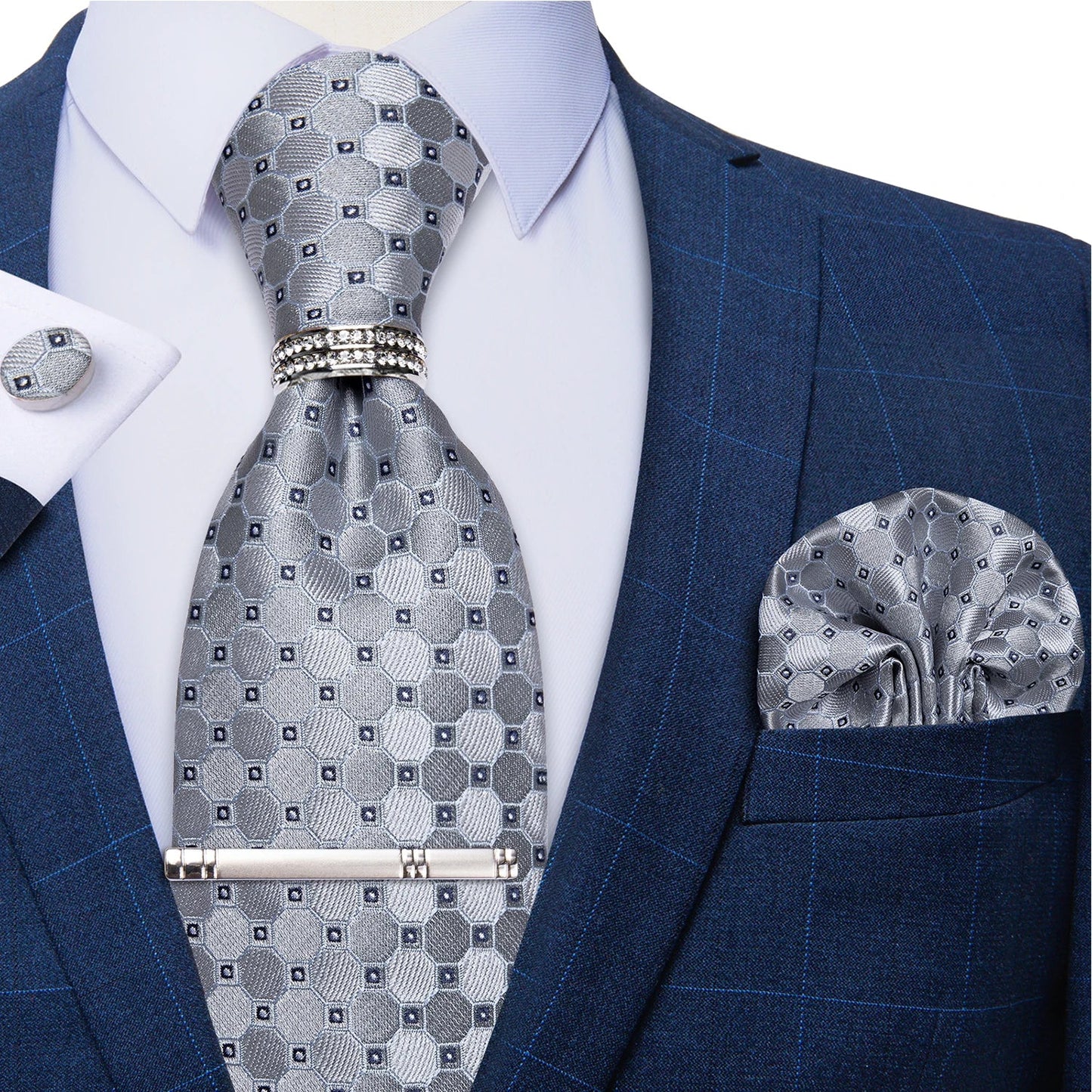 Blue Royal Dot Pliad Mens Tie set with Silver Clip and Ring Business Wedding Party Accessories 8cm Necktie Handkerchief Cufflink Velora