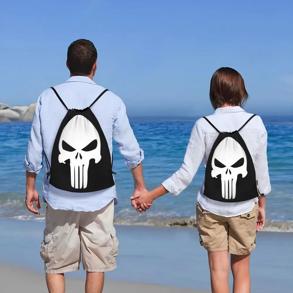 Custom Punisher Skeleton Drawstring Backpack Women Men Sport Gym Sackpack Portable Skull Bone Shopping Bag Sack - Velora