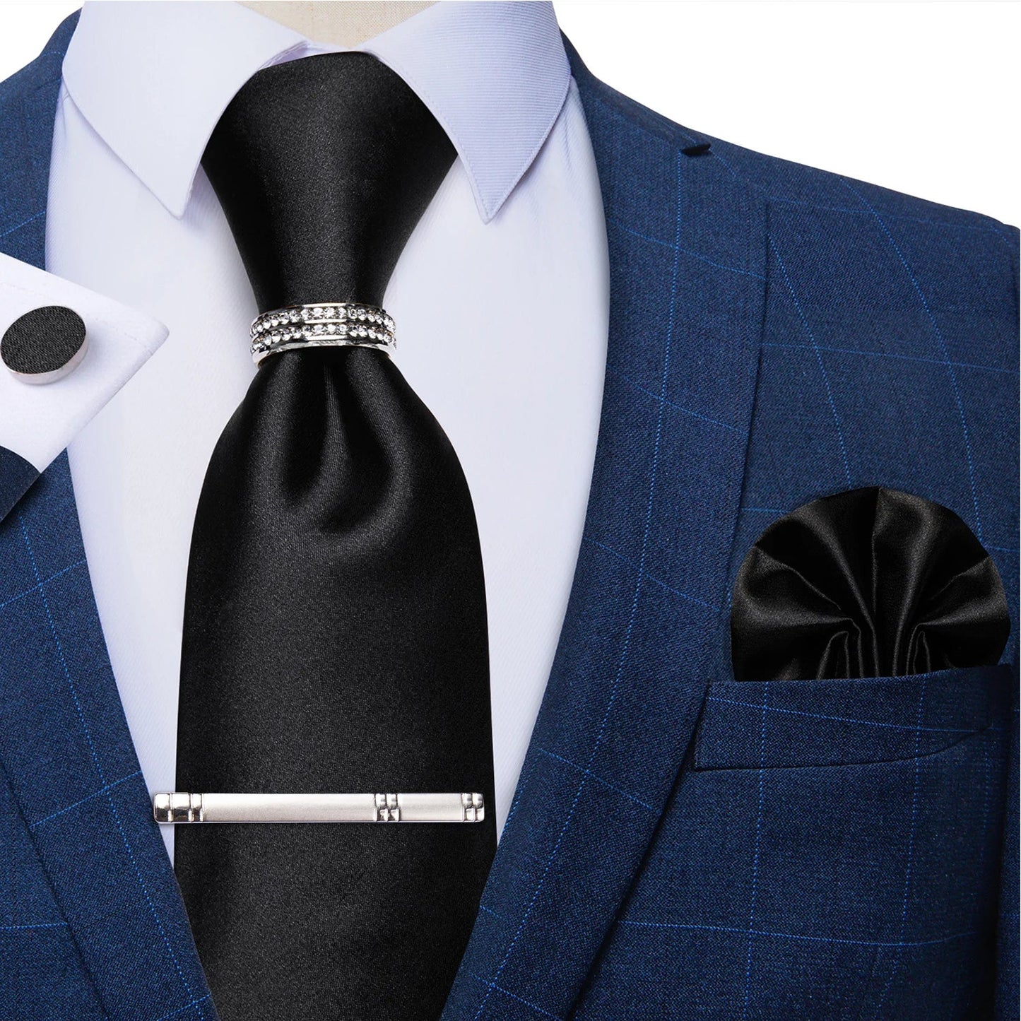 Blue Royal Dot Pliad Mens Tie set with Silver Clip and Ring Business Wedding Party Accessories 8cm Necktie Handkerchief Cufflink Velora