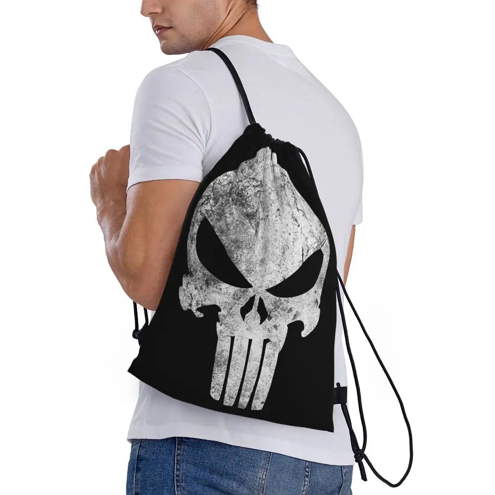 Custom Punisher Skeleton Drawstring Backpack Women Men Sport Gym Sackpack Portable Skull Bone Shopping Bag Sack - Velora
