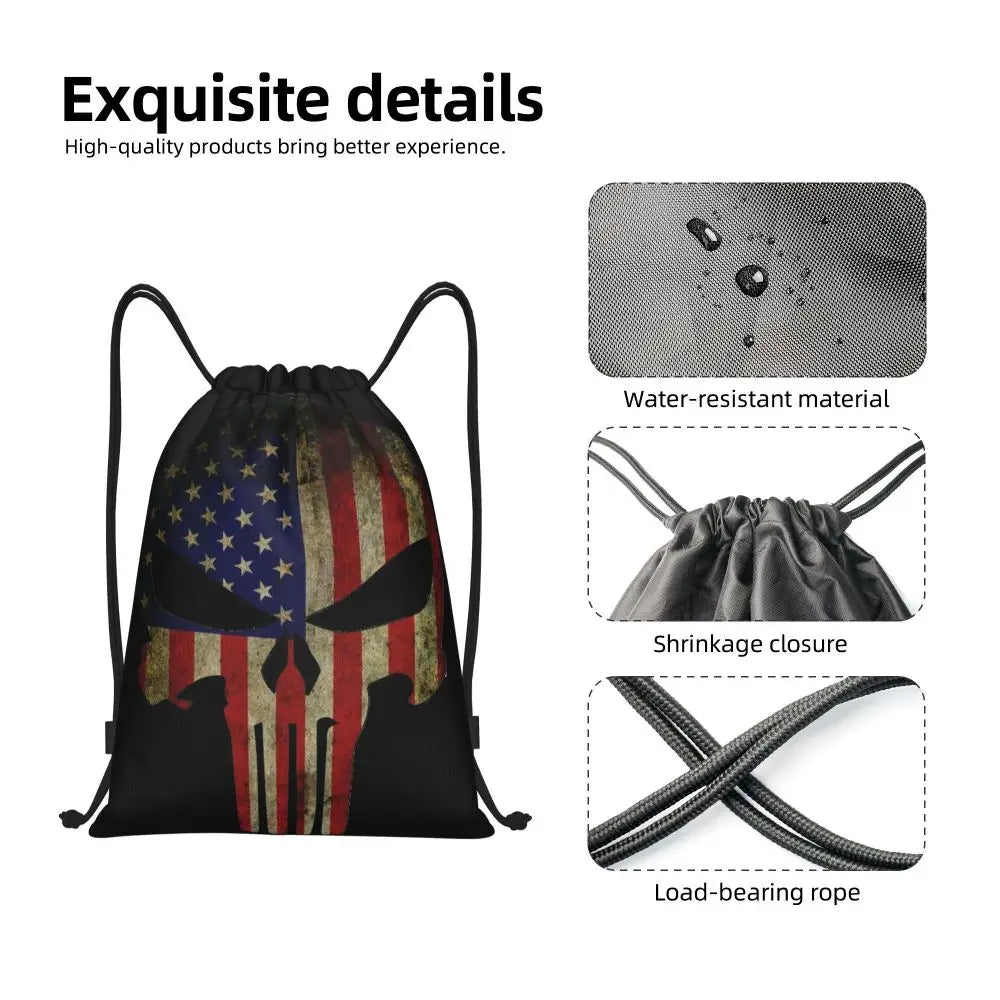 Custom Punisher Skeleton Drawstring Backpack Women Men Sport Gym Sackpack Portable Skull Bone Shopping Bag Sack - Velora