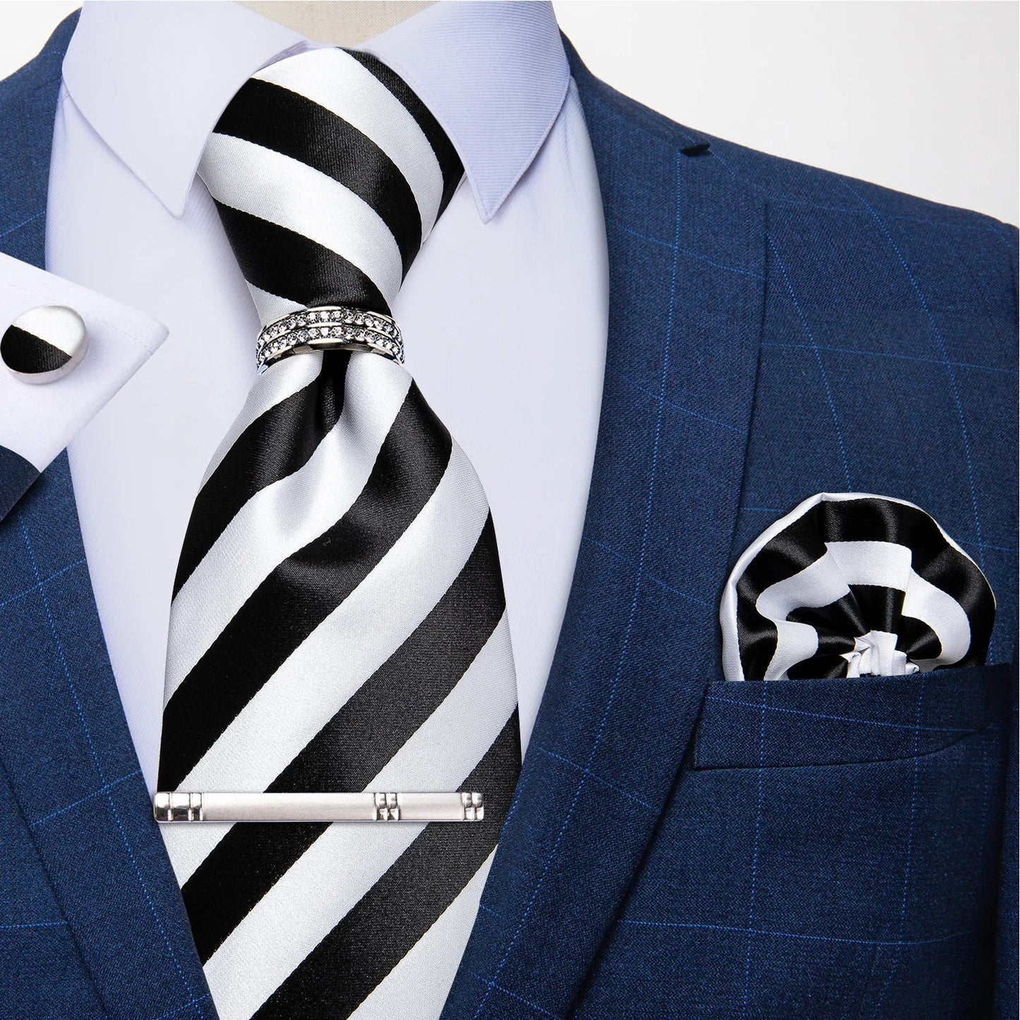 Blue Royal Dot Pliad Mens Tie set with Silver Clip and Ring Business Wedding Party Accessories 8cm Necktie Handkerchief Cufflink Velora