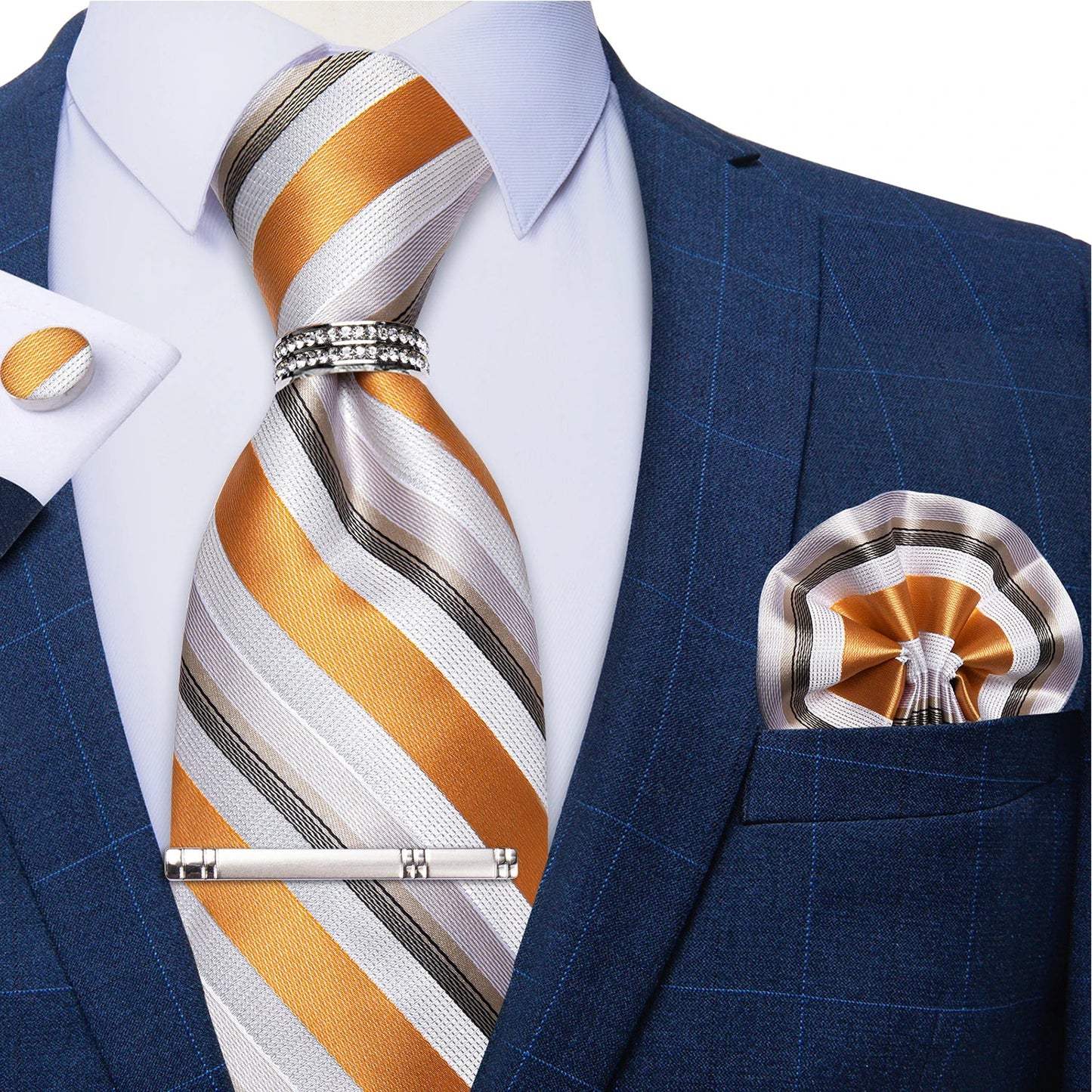 Blue Royal Dot Pliad Mens Tie set with Silver Clip and Ring Business Wedding Party Accessories 8cm Necktie Handkerchief Cufflink Velora