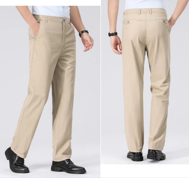 Spring Summer Cotton Suit Pants Men Solid Color Smart Casual Dress Trousers Man Lightweight Zipper Fly Straight Breathable Pants - Velora