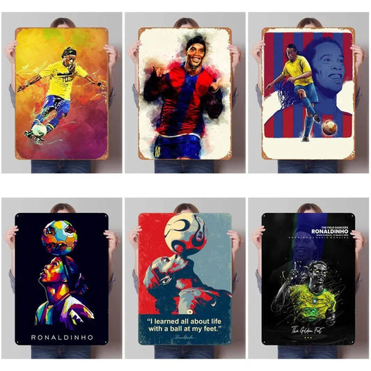 Ronaldinho Sign Sports Poster Metal Wall Art of Murals Vintage Metal Tin Sign Plaque for Wall Art Decoration Man Cave Retro Home - Velora