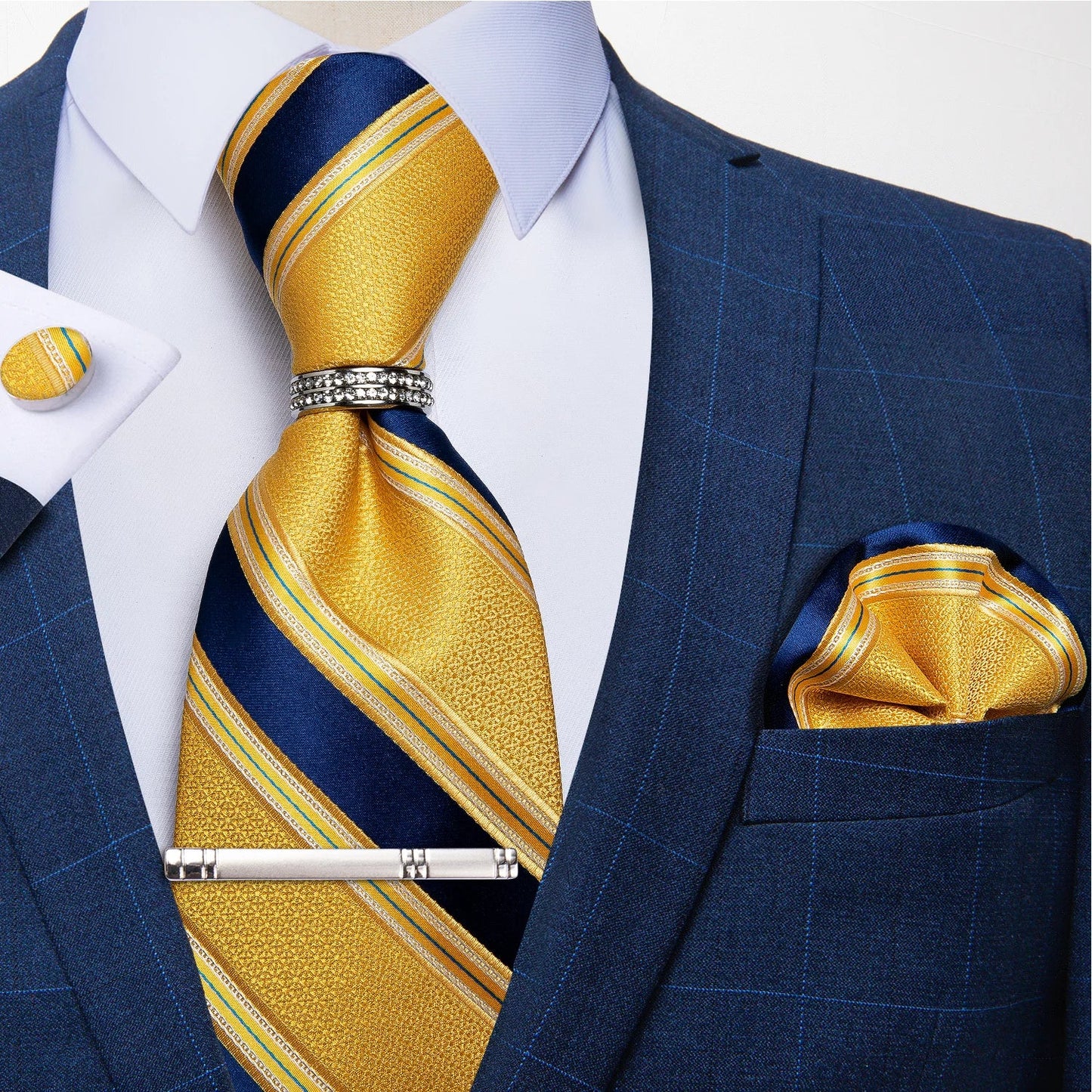 Blue Royal Dot Pliad Mens Tie set with Silver Clip and Ring Business Wedding Party Accessories 8cm Necktie Handkerchief Cufflink Velora