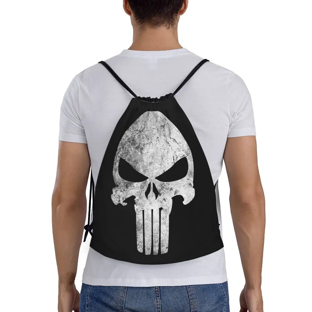 Custom Punisher Skeleton Drawstring Backpack Women Men Sport Gym Sackpack Portable Skull Bone Shopping Bag Sack - Velora