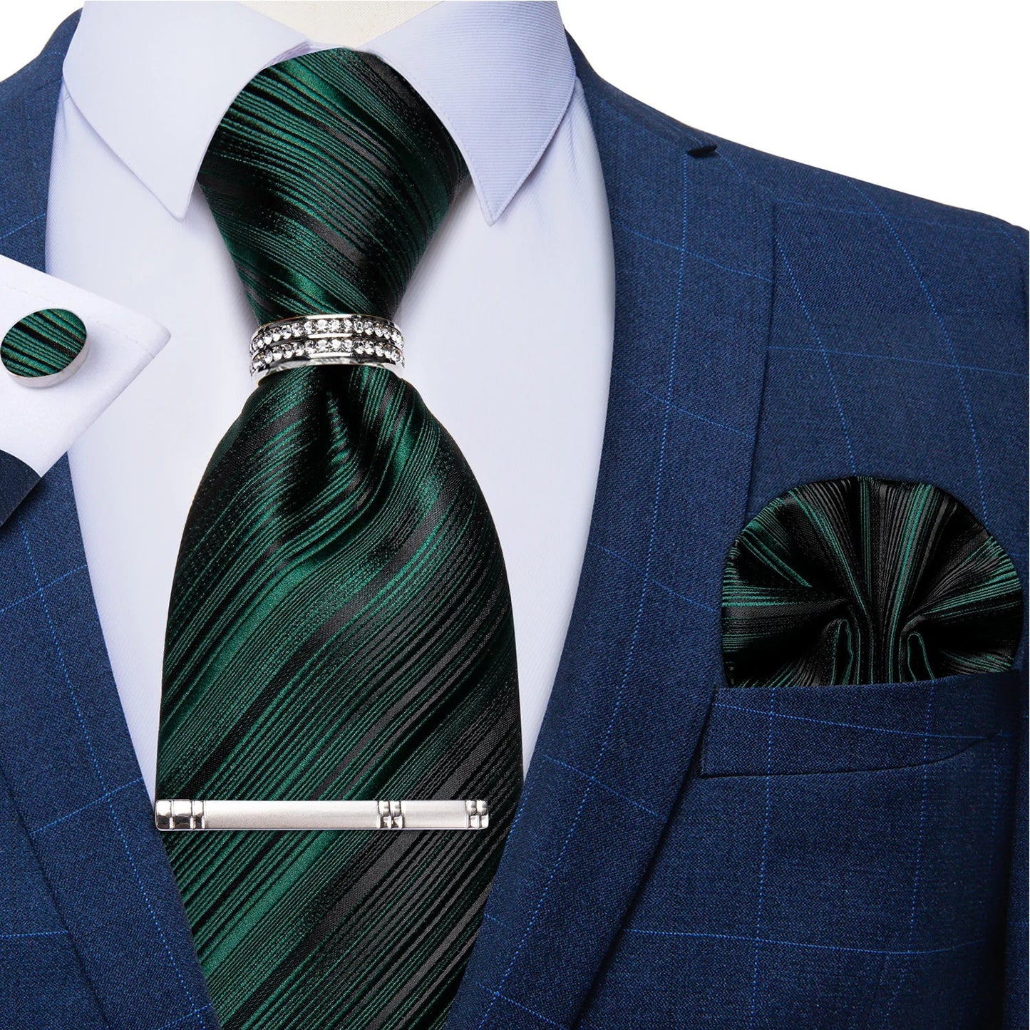 Blue Royal Dot Pliad Mens Tie set with Silver Clip and Ring Business Wedding Party Accessories 8cm Necktie Handkerchief Cufflink Velora
