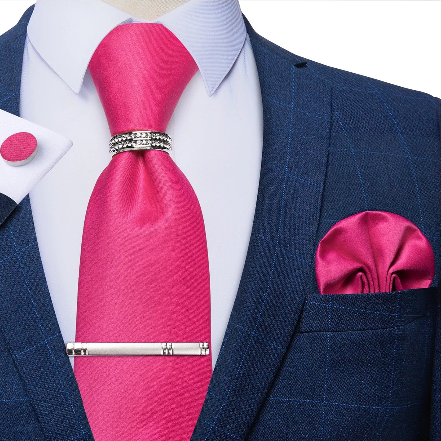 Blue Royal Dot Pliad Mens Tie set with Silver Clip and Ring Business Wedding Party Accessories 8cm Necktie Handkerchief Cufflink Velora