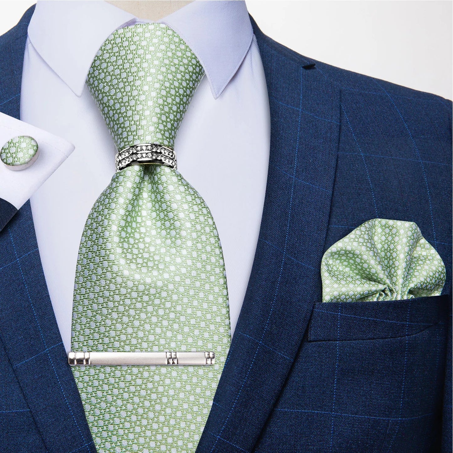 Blue Royal Dot Pliad Mens Tie set with Silver Clip and Ring Business Wedding Party Accessories 8cm Necktie Handkerchief Cufflink Velora