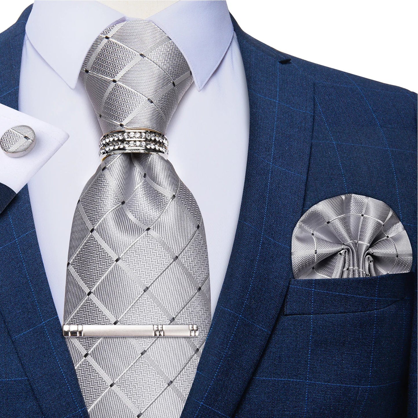 Blue Royal Dot Pliad Mens Tie set with Silver Clip and Ring Business Wedding Party Accessories 8cm Necktie Handkerchief Cufflink Velora