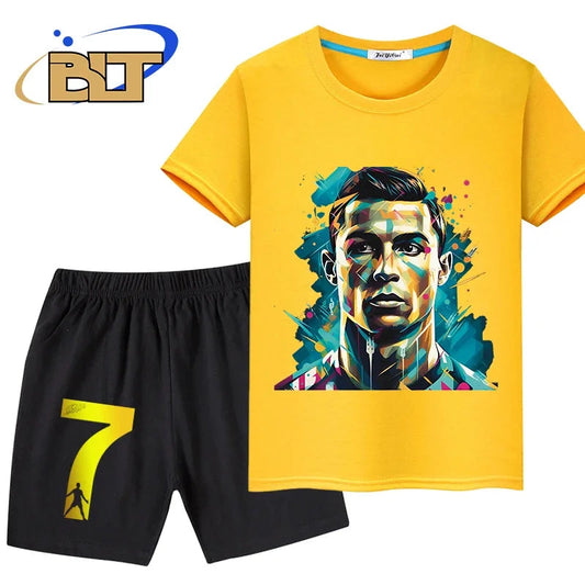 Ronaldo head print children's clothing summer kids T-shirt set pure cotton short-sleeved shorts 2-piece set boys and girls gifts - Velora
