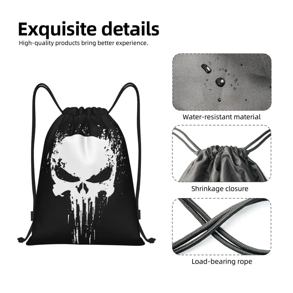 Custom Punisher Skeleton Drawstring Backpack Women Men Sport Gym Sackpack Portable Skull Bone Shopping Bag Sack - Velora