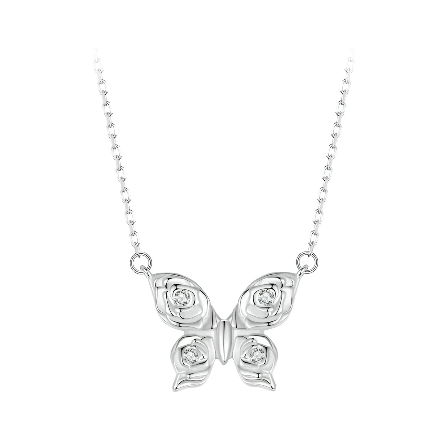 Romantic Elegance: Zircon White Gold Plated Rose Butterfly Sterling Silver Necklace Itz Luxury