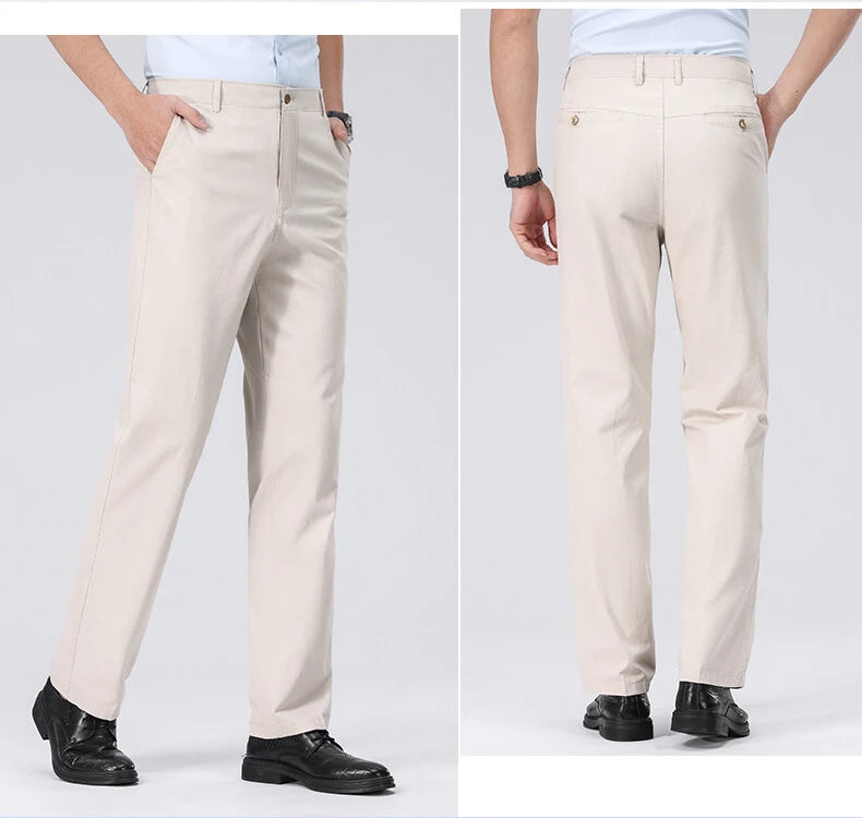 Spring Summer Cotton Suit Pants Men Solid Color Smart Casual Dress Trousers Man Lightweight Zipper Fly Straight Breathable Pants - Velora