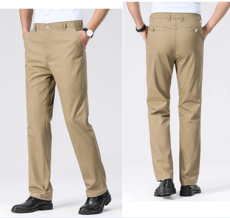 Spring Summer Cotton Suit Pants Men Solid Color Smart Casual Dress Trousers Man Lightweight Zipper Fly Straight Breathable Pants - Velora