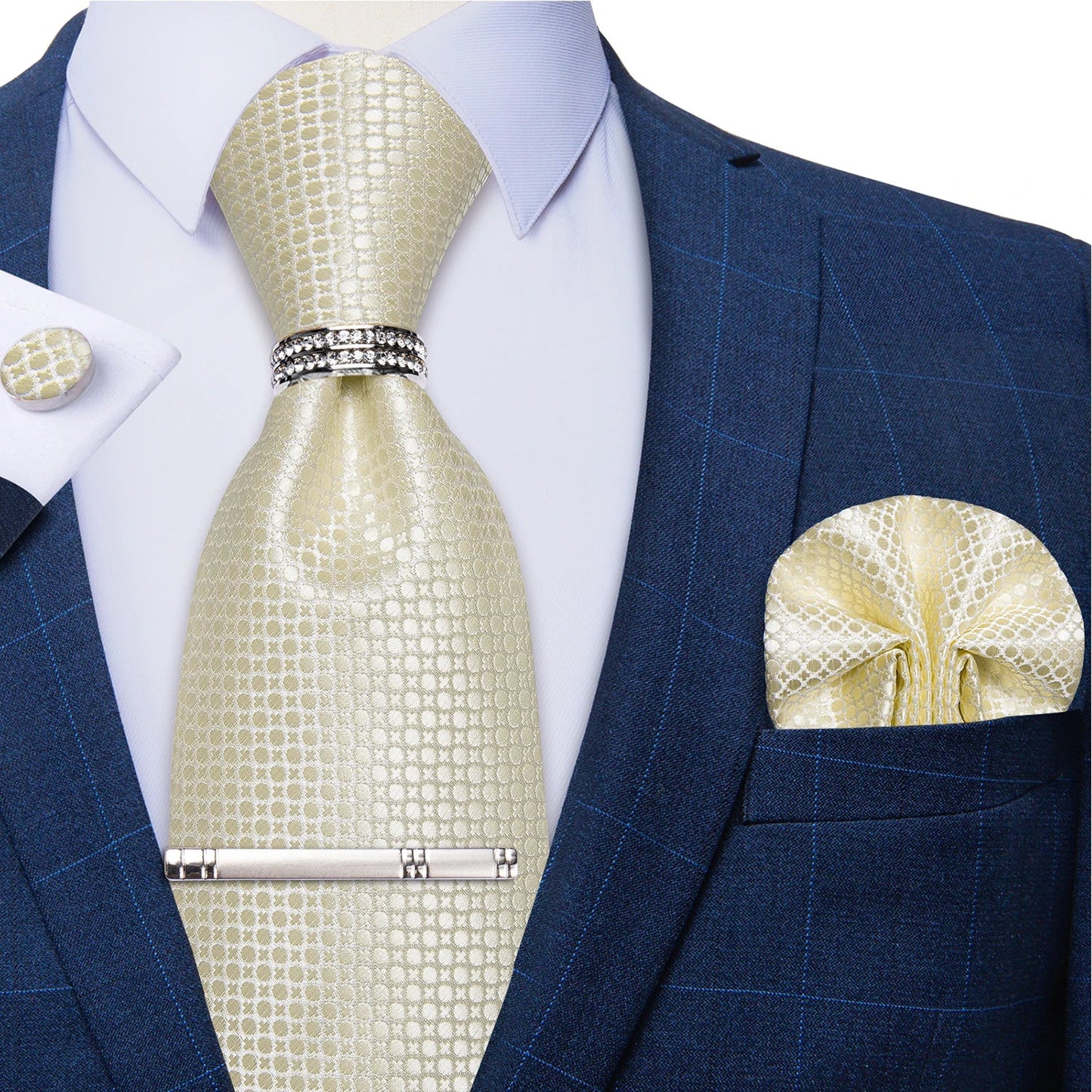 Blue Royal Dot Pliad Mens Tie set with Silver Clip and Ring Business Wedding Party Accessories 8cm Necktie Handkerchief Cufflink Velora