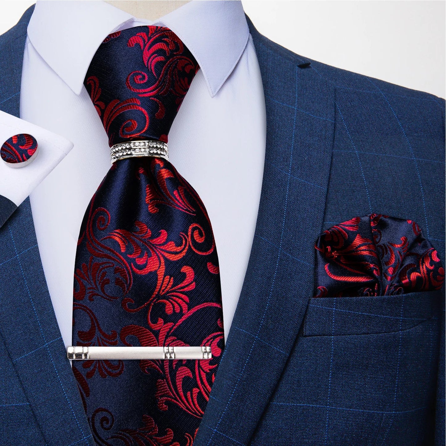 Blue Royal Dot Pliad Mens Tie set with Silver Clip and Ring Business Wedding Party Accessories 8cm Necktie Handkerchief Cufflink Velora