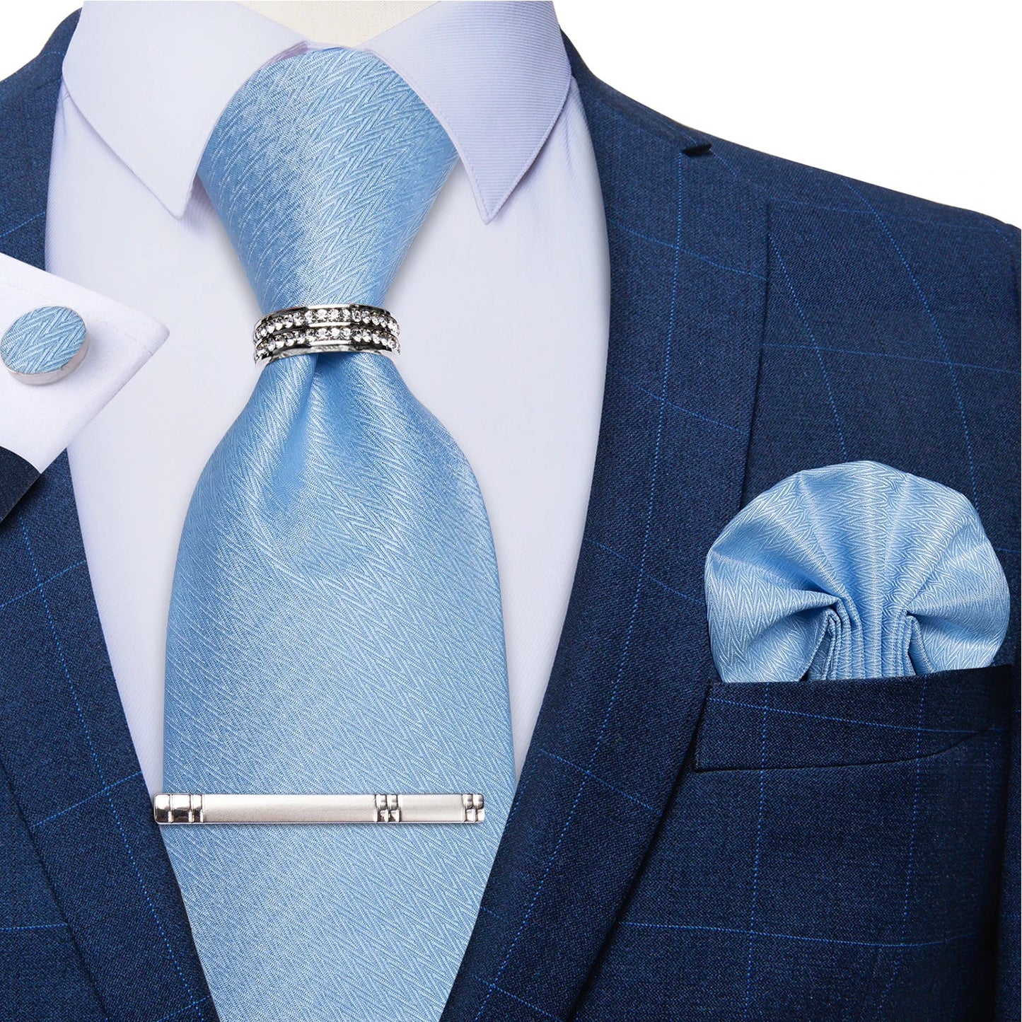 Blue Royal Dot Pliad Mens Tie set with Silver Clip and Ring Business Wedding Party Accessories 8cm Necktie Handkerchief Cufflink Velora