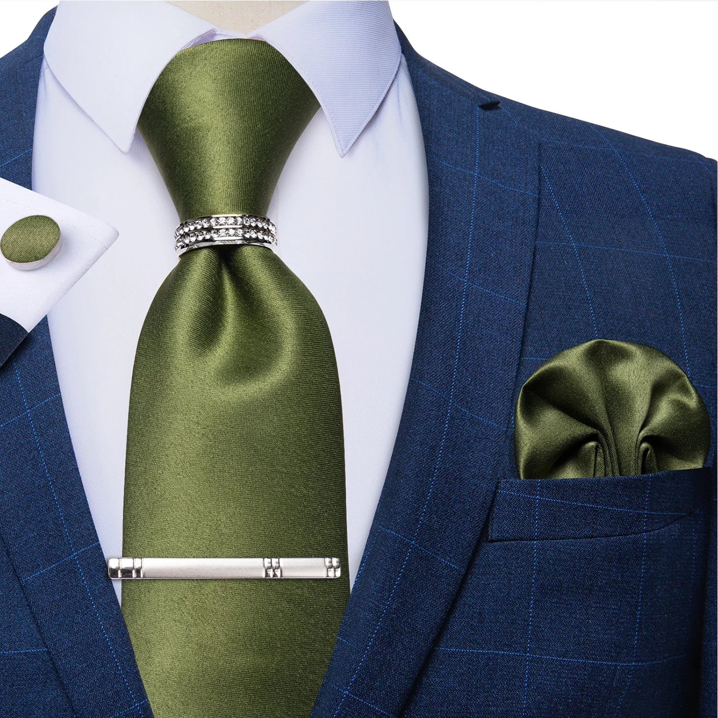 Blue Royal Dot Pliad Mens Tie set with Silver Clip and Ring Business Wedding Party Accessories 8cm Necktie Handkerchief Cufflink Velora