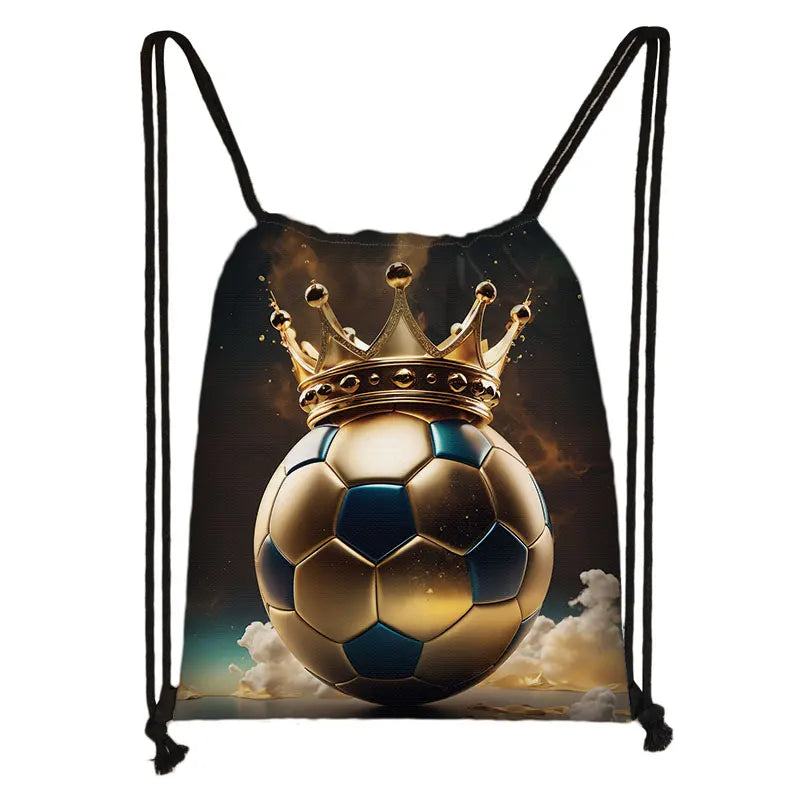 Cool Soccer Ball with Golden Crown Print Drawstring Bag Gym Sport Backpack Football Shoulder Bag for Travel Shoes Holder - Velora
