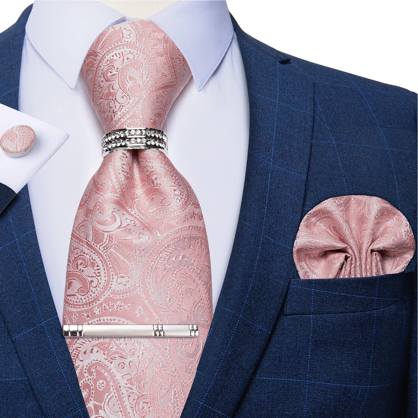 Blue Royal Dot Pliad Mens Tie set with Silver Clip and Ring Business Wedding Party Accessories 8cm Necktie Handkerchief Cufflink Velora