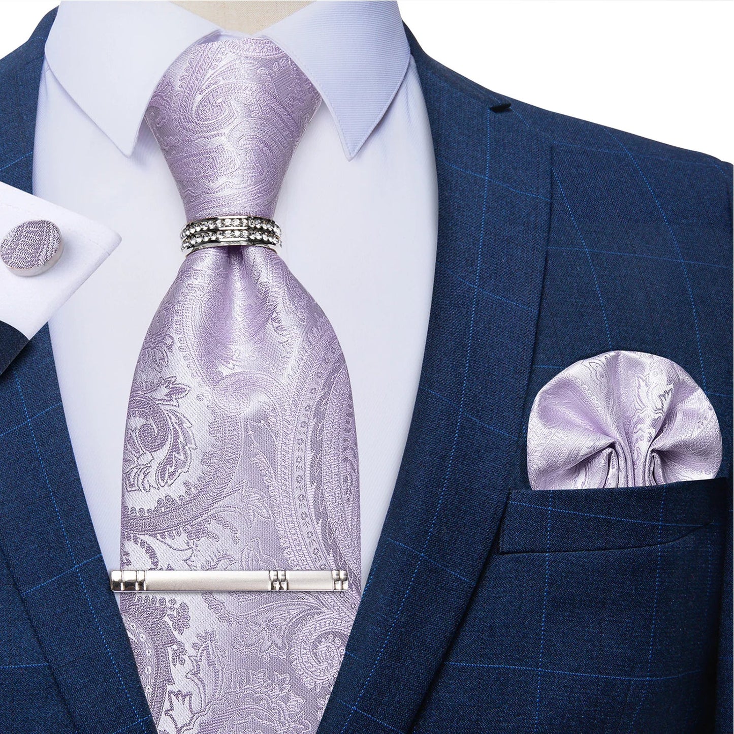 Blue Royal Dot Pliad Mens Tie set with Silver Clip and Ring Business Wedding Party Accessories 8cm Necktie Handkerchief Cufflink Velora