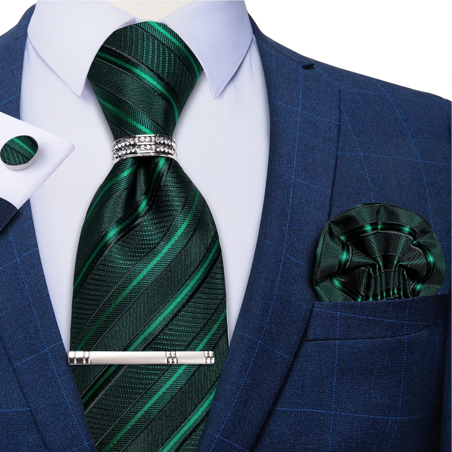 Blue Royal Dot Pliad Mens Tie set with Silver Clip and Ring Business Wedding Party Accessories 8cm Necktie Handkerchief Cufflink Velora