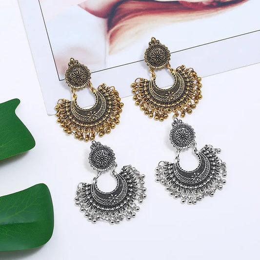 Indian Jhumka Earrings Jewelry Ethnic Retro Antique Silver Color Alloy Carved Beads Tassel Earrings For Women Daily Accessories - Velora