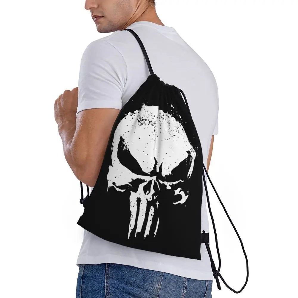 Custom Punisher Skeleton Drawstring Backpack Women Men Sport Gym Sackpack Portable Skull Bone Shopping Bag Sack - Velora