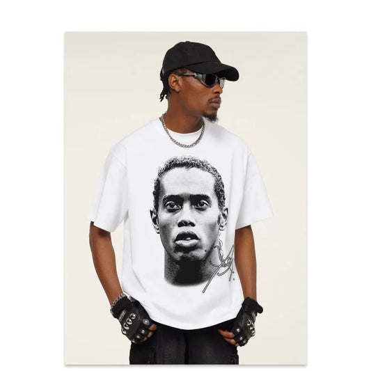 Ronaldinho Head Printed Short Sleeve Fashion Brand Crew-neck Cotton Casual Breathable High Quality Men's Women's T-shirt - Velora