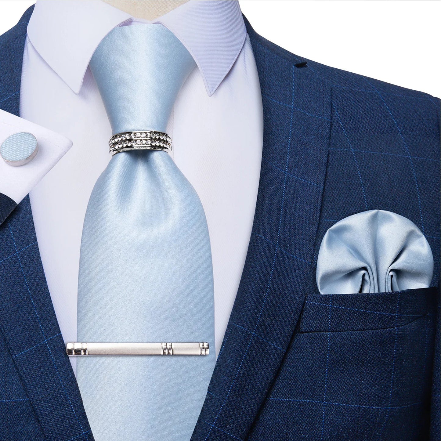 Blue Royal Dot Pliad Mens Tie set with Silver Clip and Ring Business Wedding Party Accessories 8cm Necktie Handkerchief Cufflink Velora