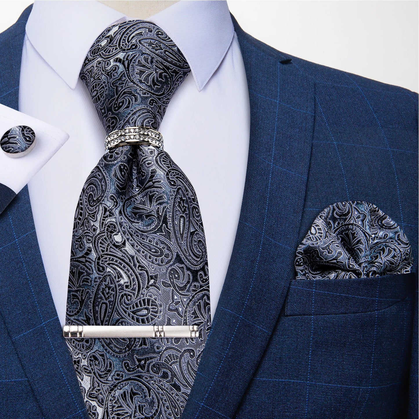 Blue Royal Dot Pliad Mens Tie set with Silver Clip and Ring Business Wedding Party Accessories 8cm Necktie Handkerchief Cufflink Velora
