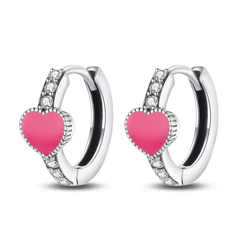 Romantic Pink Heart Sterling Silver Huggie Hoop Earrings With Cubic Zirconia Itz Luxury