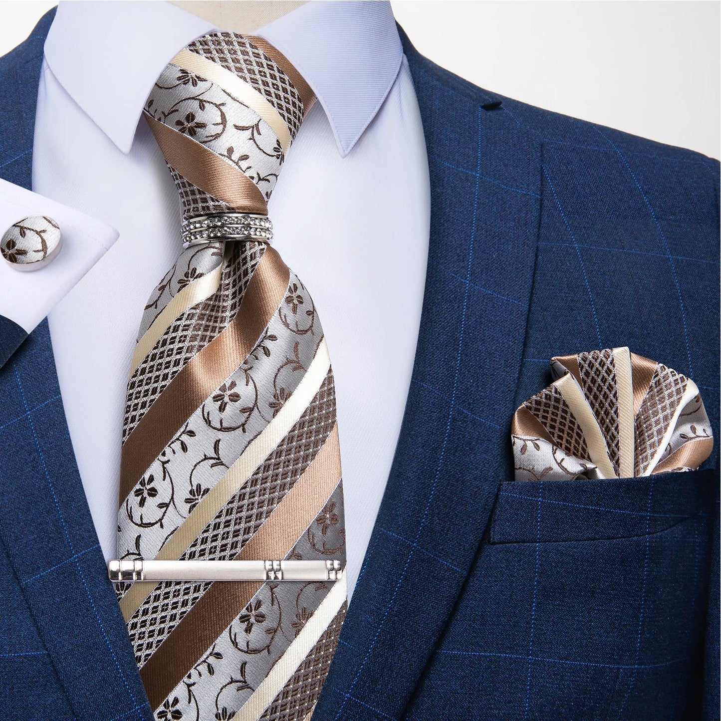 Blue Royal Dot Pliad Mens Tie set with Silver Clip and Ring Business Wedding Party Accessories 8cm Necktie Handkerchief Cufflink Velora