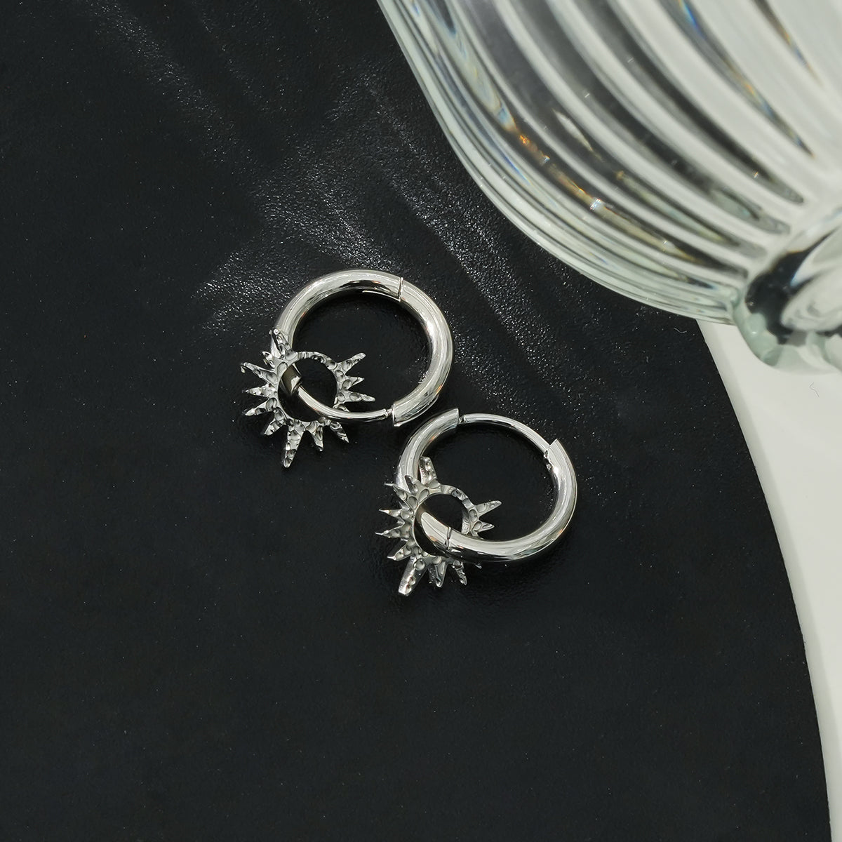 SONNE White Gold (Silver Toned): Vintage Inspired Hoops with Textured Star Charms - Velora