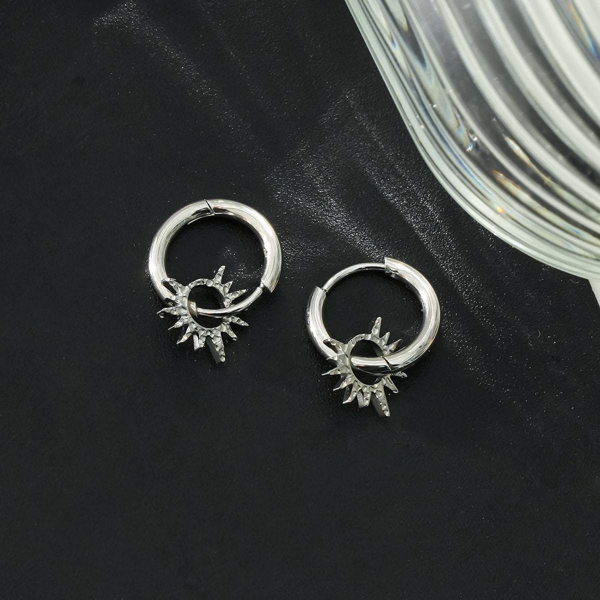 SONNE White Gold (Silver Toned): Vintage Inspired Hoops with Textured Star Charms - Velora