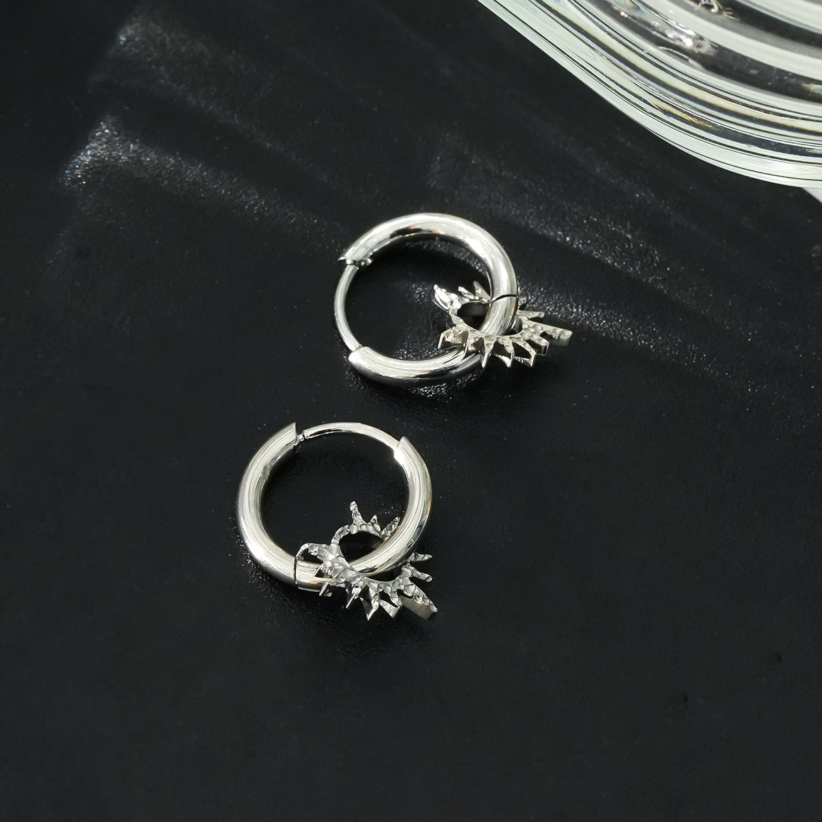 SONNE White Gold (Silver Toned): Vintage Inspired Hoops with Textured Star Charms - Velora