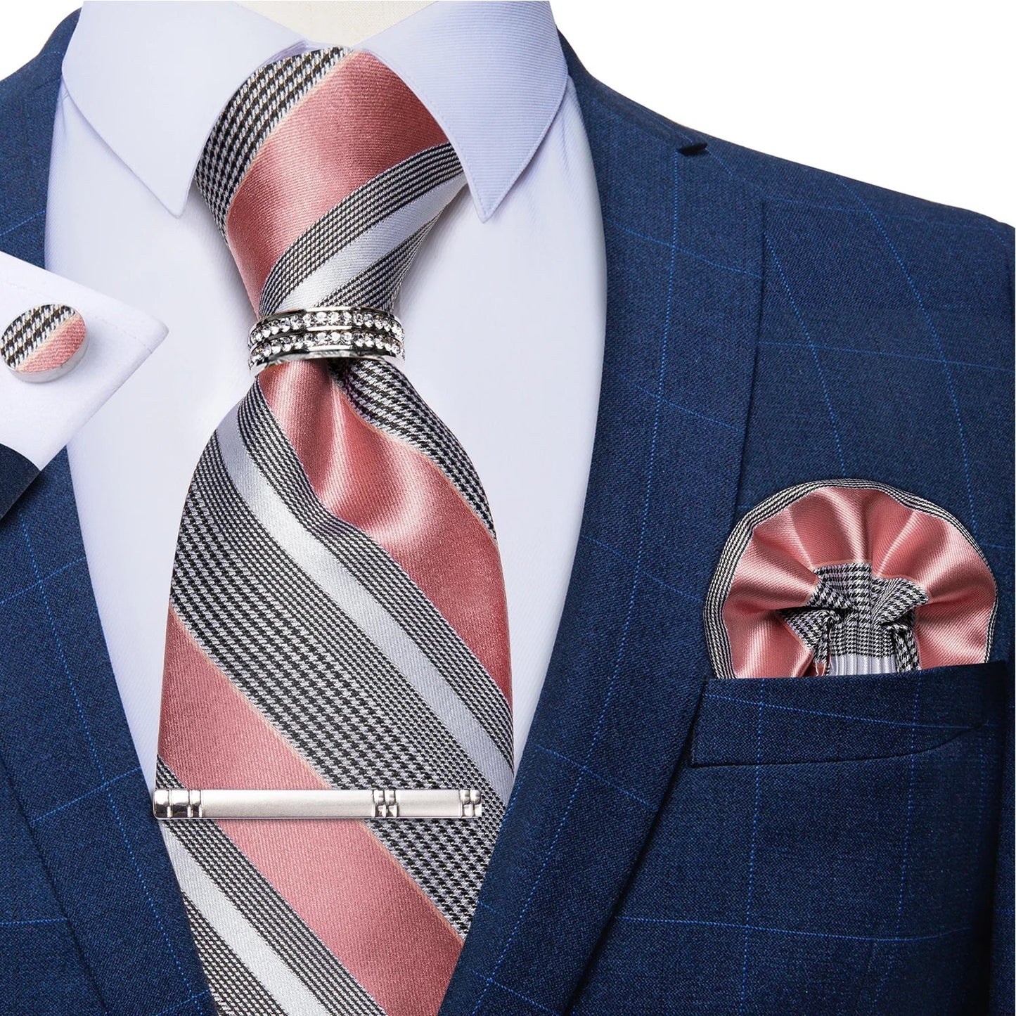 Blue Royal Dot Pliad Mens Tie set with Silver Clip and Ring Business Wedding Party Accessories 8cm Necktie Handkerchief Cufflink Velora