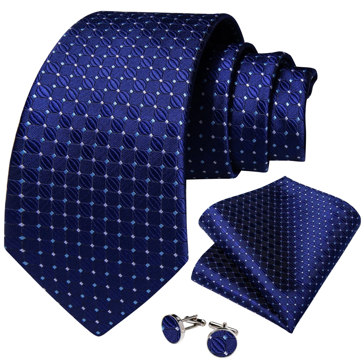 Blue Royal Dot Pliad Mens Tie set with Silver Clip and Ring Business Wedding Party Accessories 8cm Necktie Handkerchief Cufflink Velora