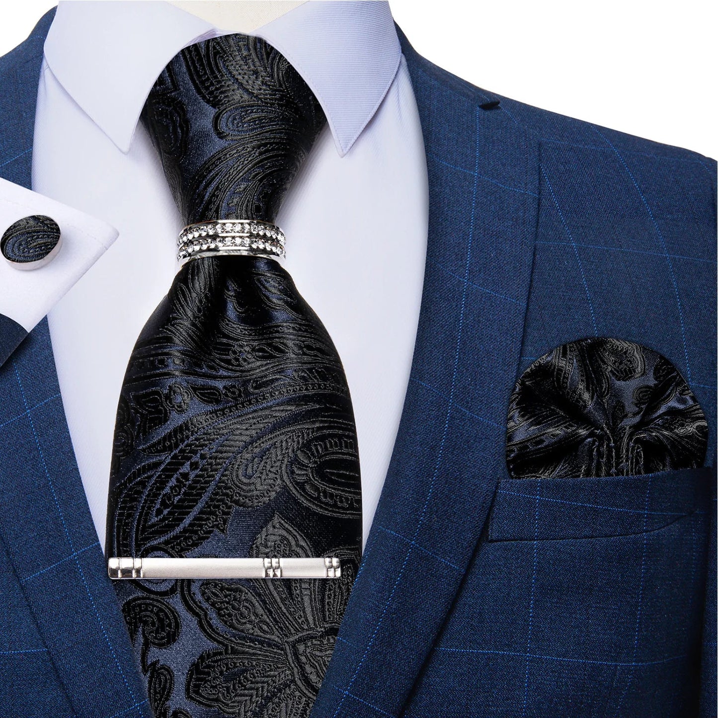 Blue Royal Dot Pliad Mens Tie set with Silver Clip and Ring Business Wedding Party Accessories 8cm Necktie Handkerchief Cufflink Velora