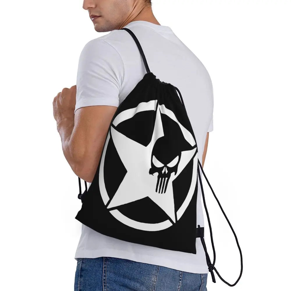 Custom Punisher Skeleton Drawstring Backpack Women Men Sport Gym Sackpack Portable Skull Bone Shopping Bag Sack - Velora