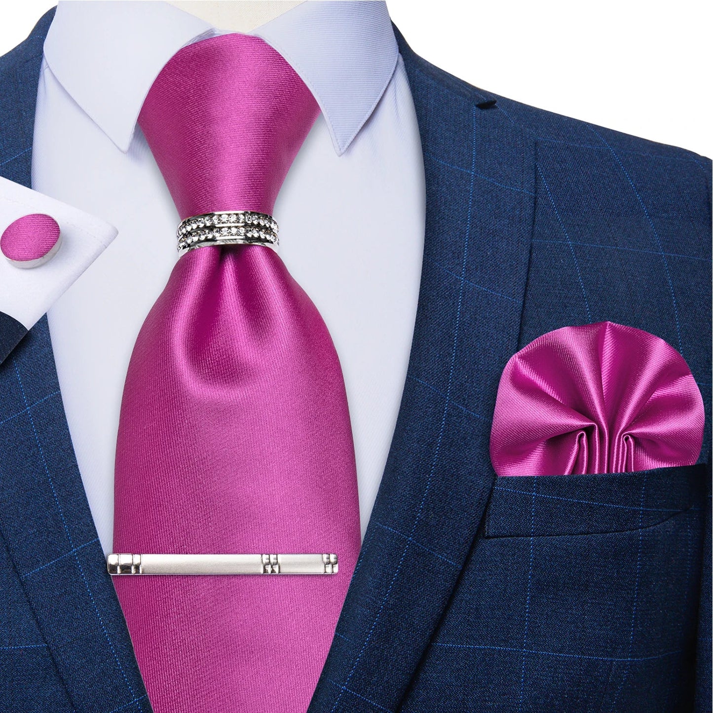 Blue Royal Dot Pliad Mens Tie set with Silver Clip and Ring Business Wedding Party Accessories 8cm Necktie Handkerchief Cufflink Velora