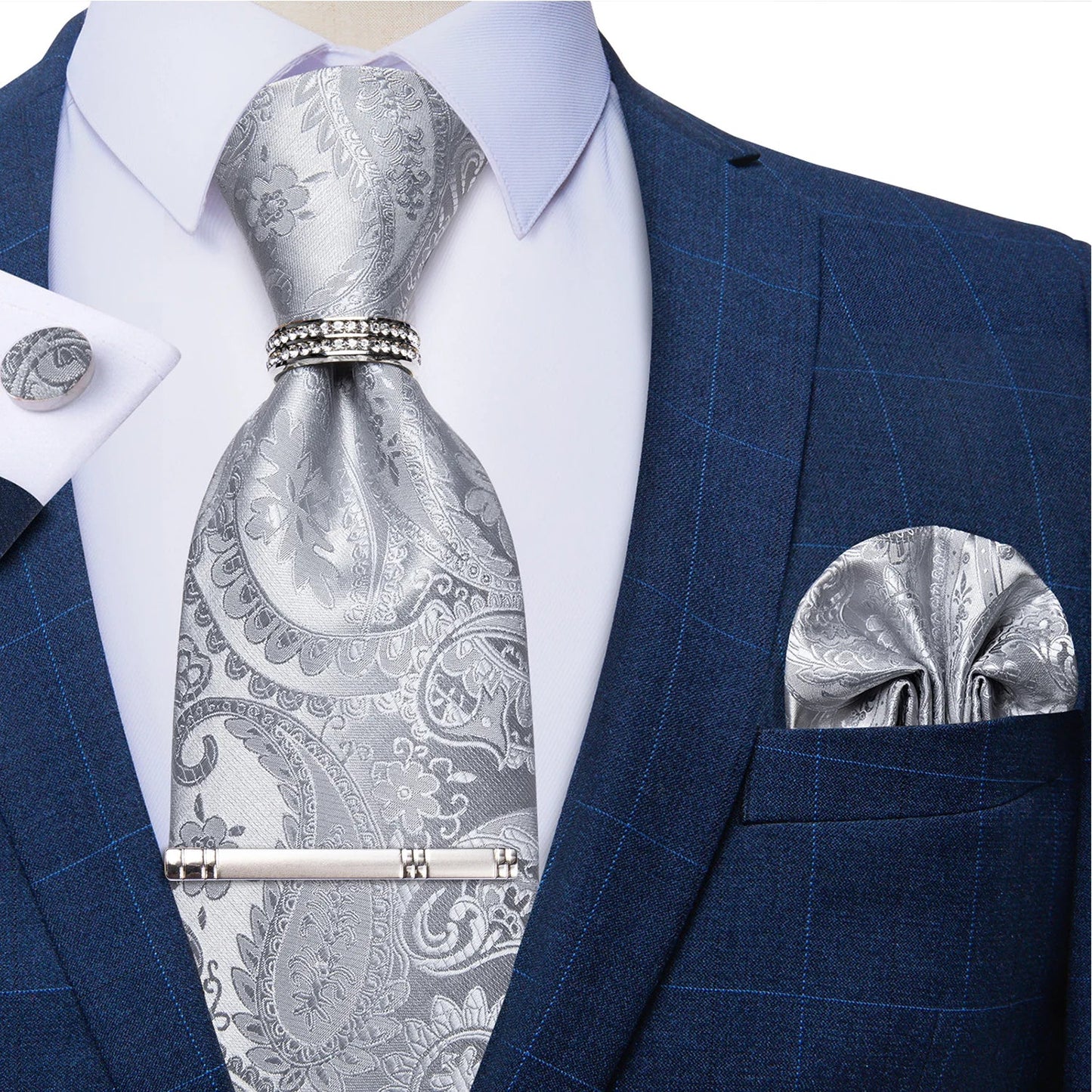 Blue Royal Dot Pliad Mens Tie set with Silver Clip and Ring Business Wedding Party Accessories 8cm Necktie Handkerchief Cufflink Velora