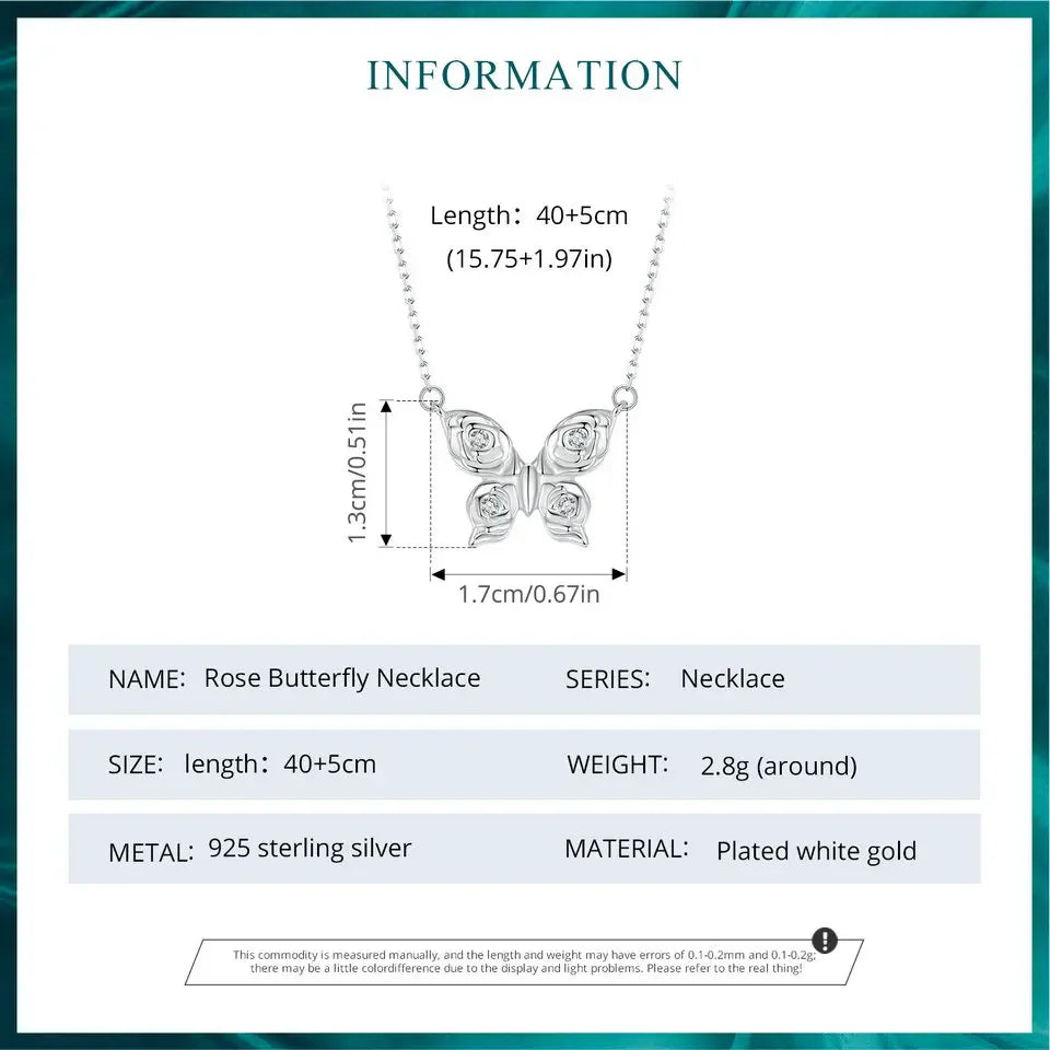 Romantic Elegance: Zircon White Gold Plated Rose Butterfly Sterling Silver Necklace Itz Luxury