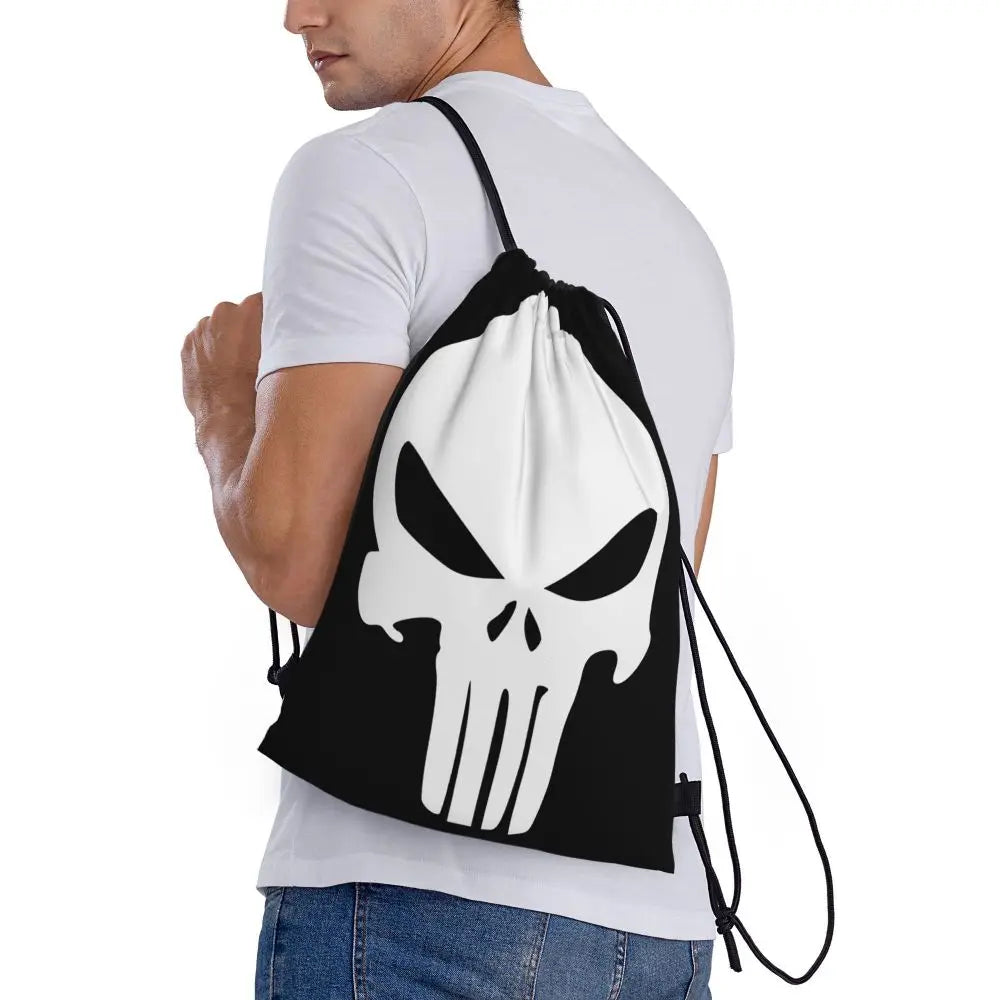 Custom Punisher Skeleton Drawstring Backpack Women Men Sport Gym Sackpack Portable Skull Bone Shopping Bag Sack - Velora