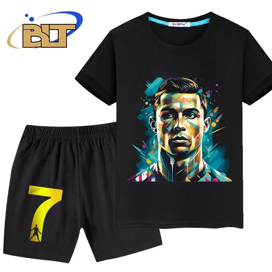 Ronaldo head print children's clothing summer kids T-shirt set pure cotton short-sleeved shorts 2-piece set boys and girls gifts - Velora