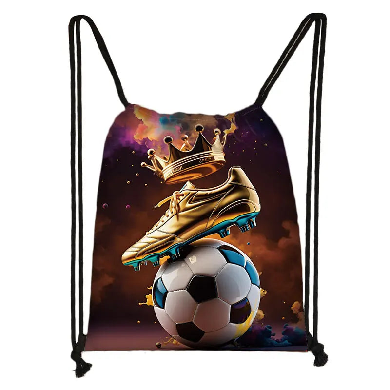 Cool Soccer Ball with Golden Crown Print Drawstring Bag Gym Sport Backpack Football Shoulder Bag for Travel Shoes Holder - Velora