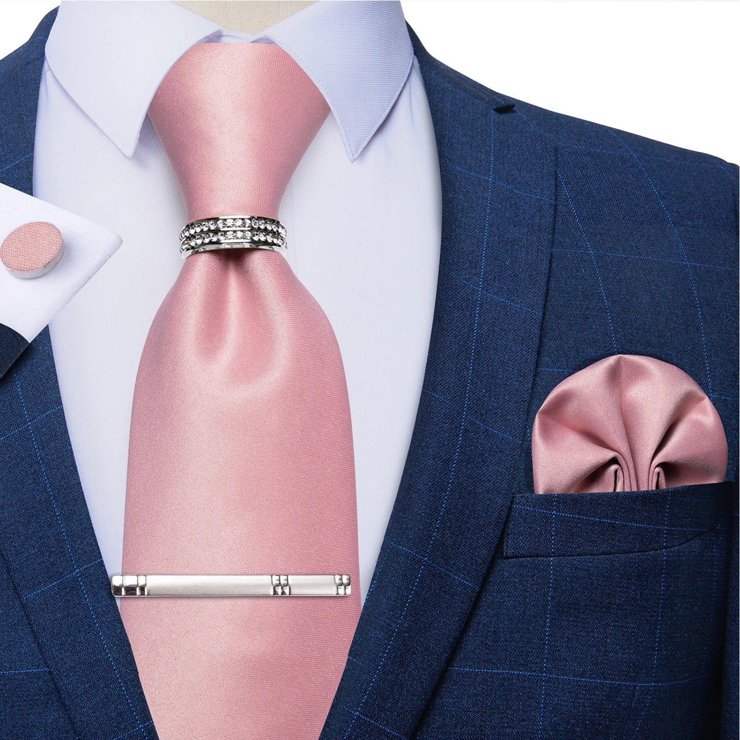 Blue Royal Dot Pliad Mens Tie set with Silver Clip and Ring Business Wedding Party Accessories 8cm Necktie Handkerchief Cufflink Velora