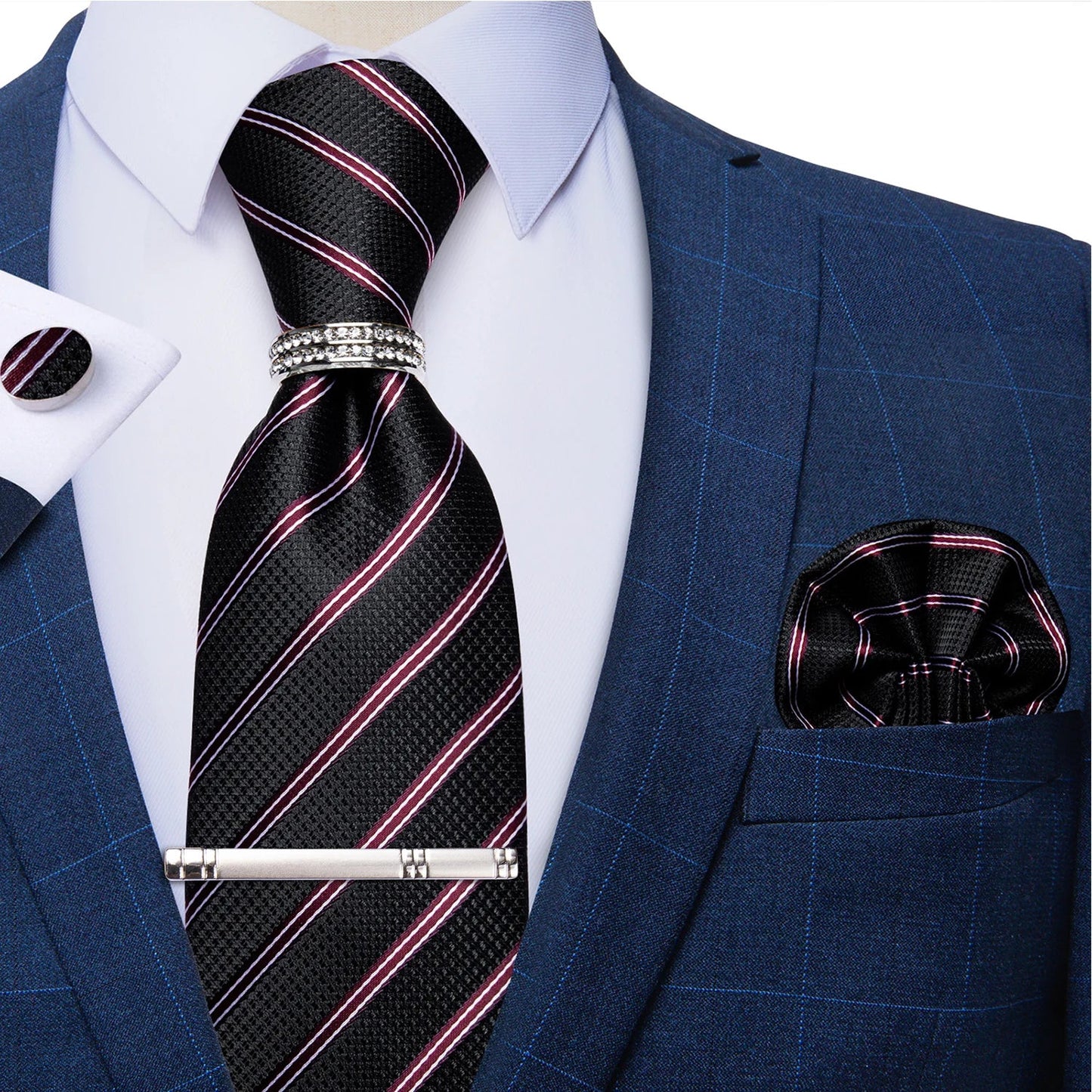 Blue Royal Dot Pliad Mens Tie set with Silver Clip and Ring Business Wedding Party Accessories 8cm Necktie Handkerchief Cufflink Velora
